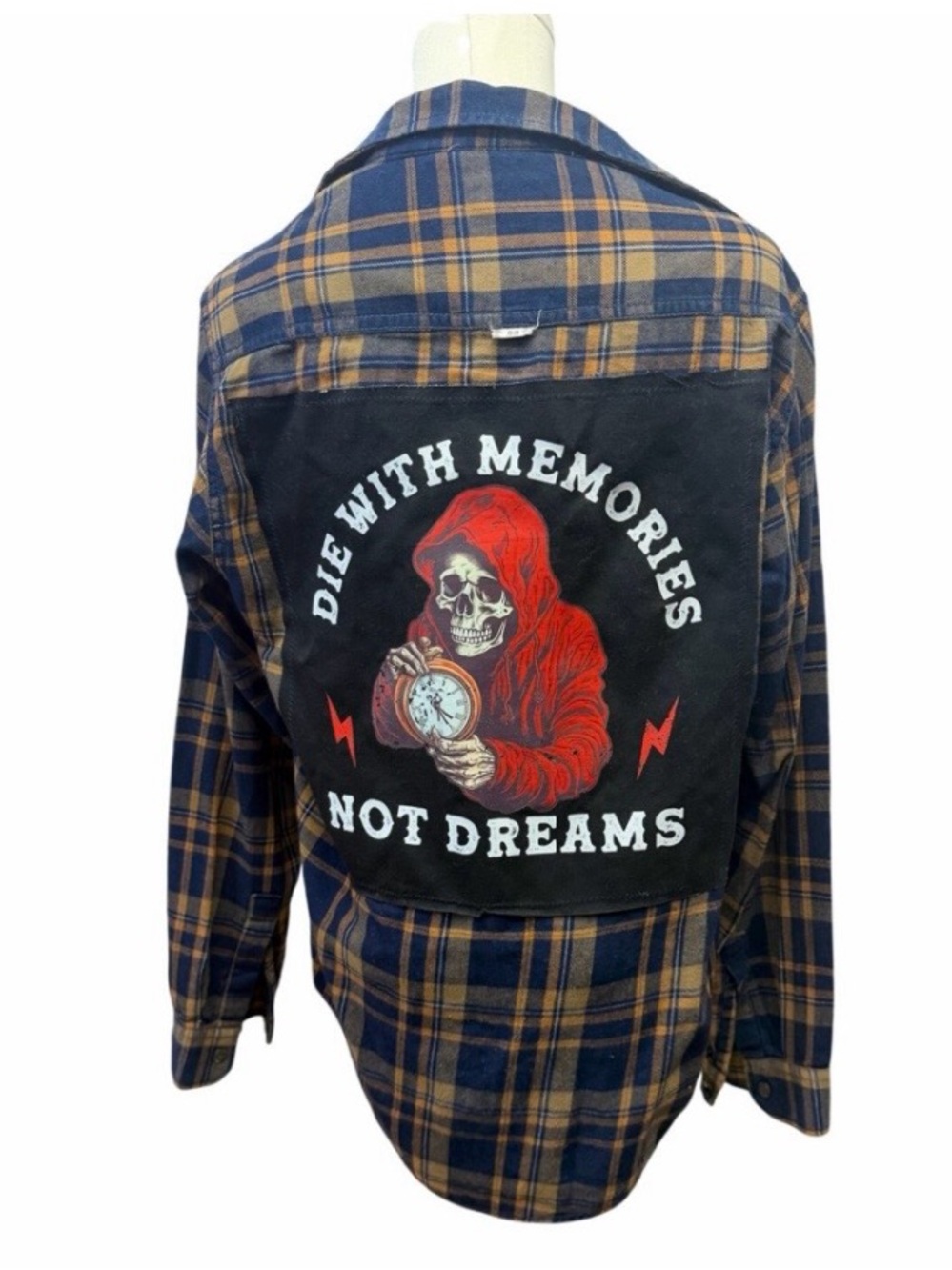 Die with memories upcycled custom flannel shirt black graphic tee on back